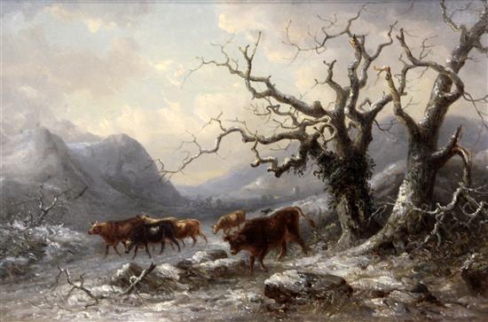 Thomas Smythe (1825-1906) Cattle in a winter landscape 11.5 x 17.5in.